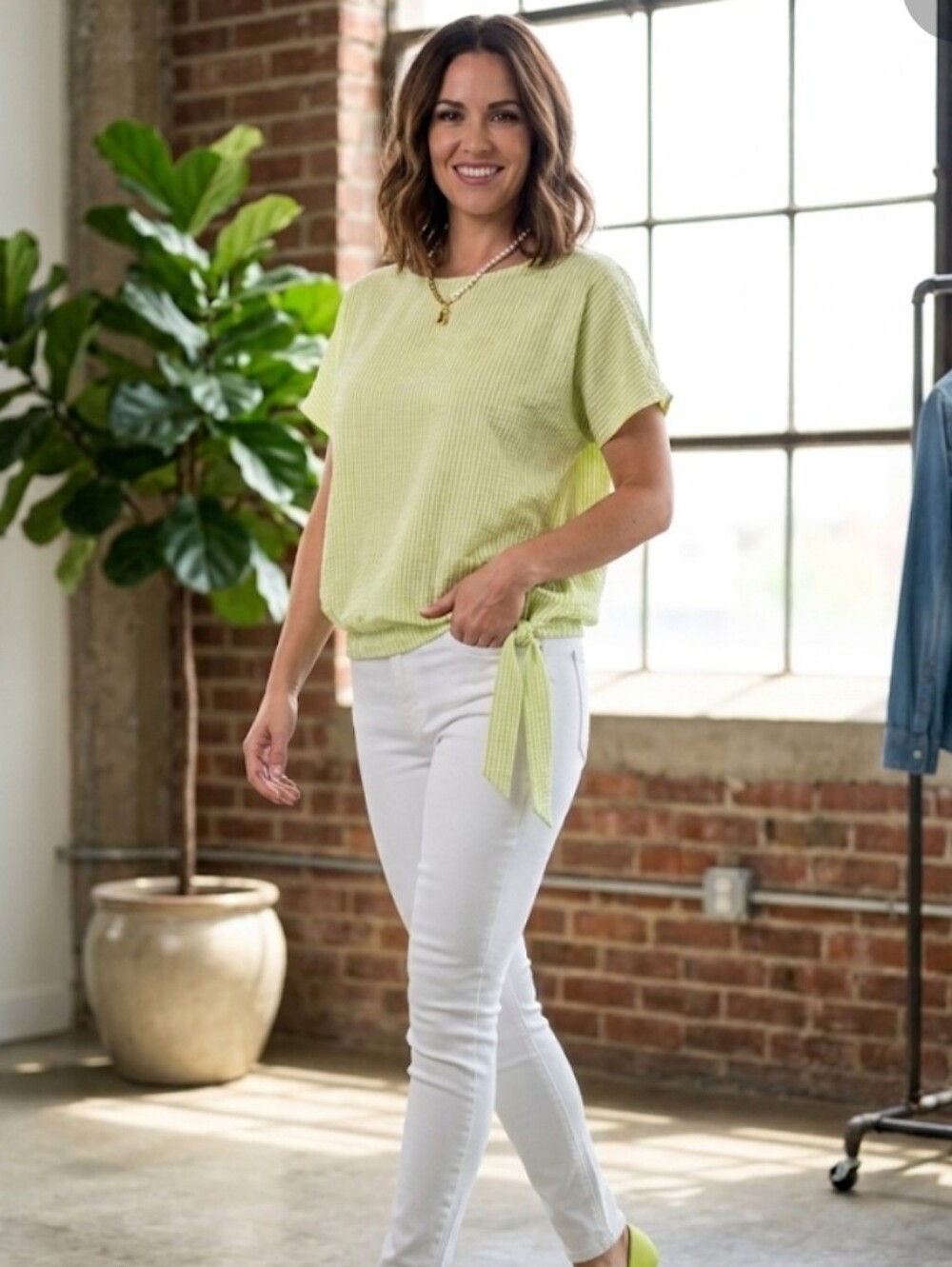 MICHAEL Michael Kors Lime Green Seersucker Striped Bubble Hem Side-Tie Top, L